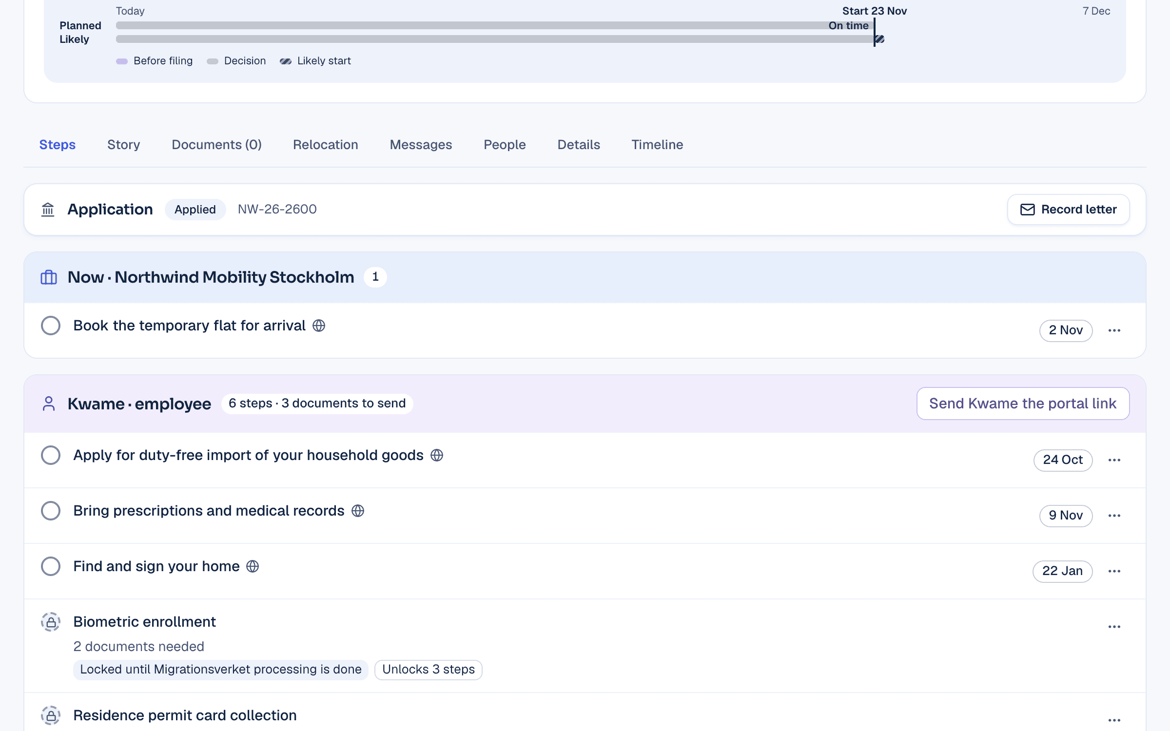 A new hire's case in Settio: the plan split into the employer's and the employee's tasks, with deadlines and the documents each step needs