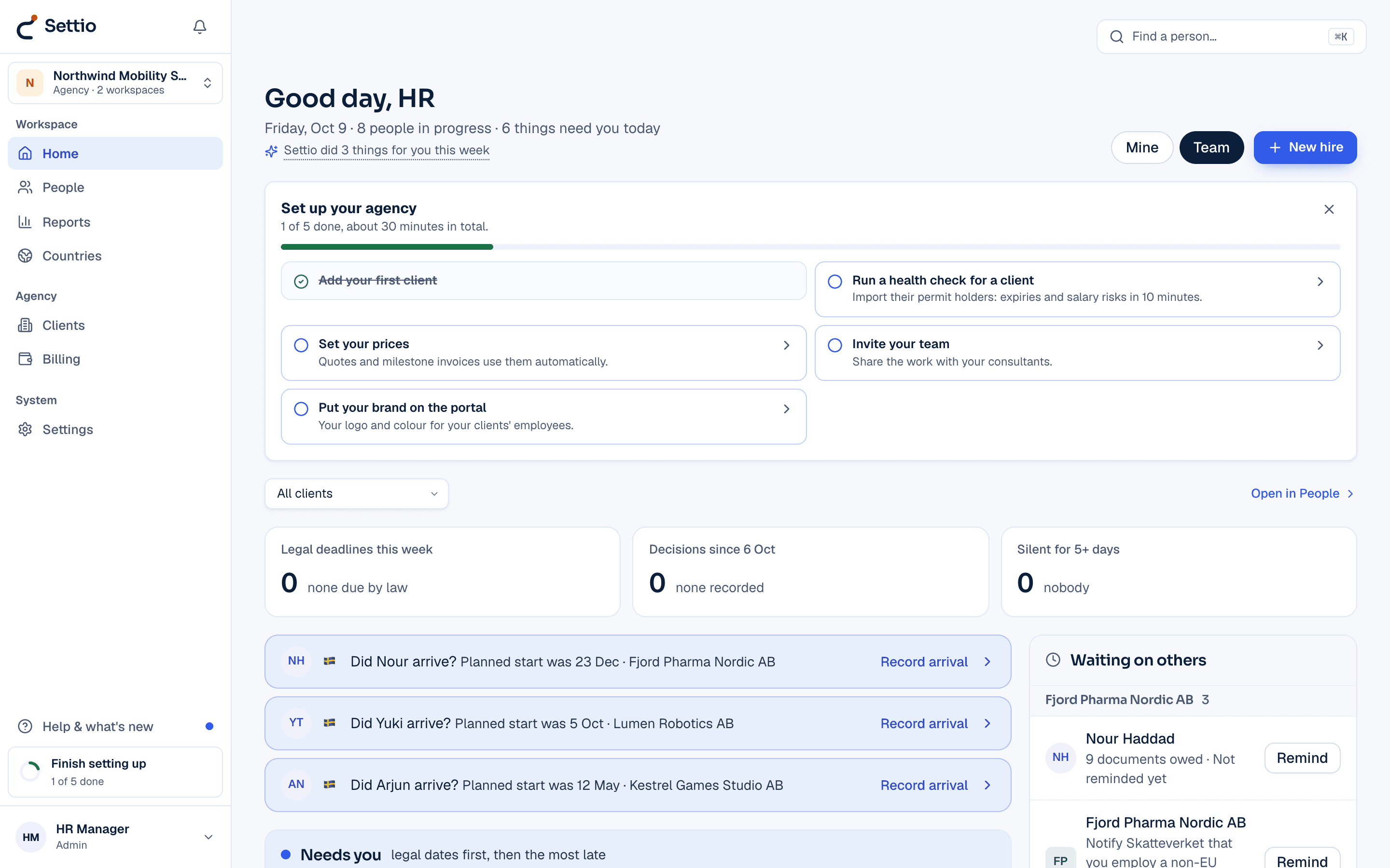 Das Dashboard von Settio (settio.io): jeder Fall, jede Frist und jeder Kunde an einem Ort.
